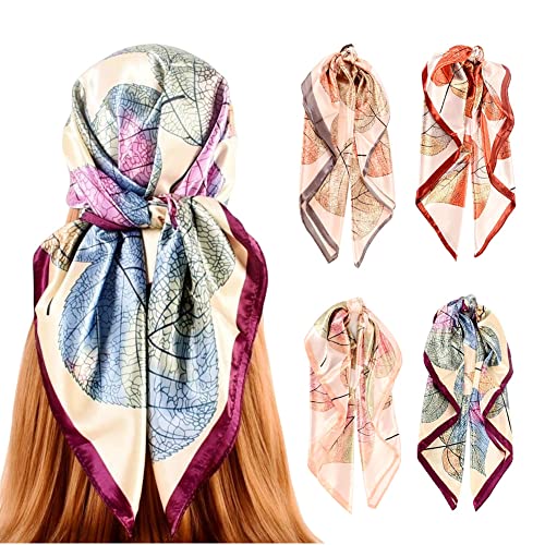 4Pcs Silk Head Scarves for Women Satin Hair Scarf 35”Large Square Bandana Silk Like Neck Scarf Shawl - color: Beige/Red/Purple/Gray