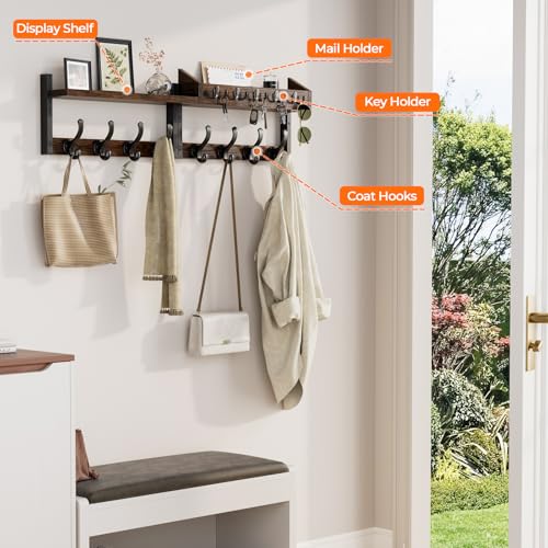 Evermagin 35" Coat Rack Wall Mount with Shelf, 4 in 1 Coat and Key Hanger with 13 Metal Hooks, Entryway Wall Mounted Shelf with Mail Holder for Living Room, Bedroom, Rustic Brown - color: Rustic Brown, size: 35 inch