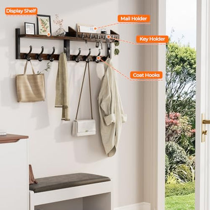 Evermagin 35" Coat Rack Wall Mount with Shelf, 4 in 1 Coat and Key Hanger with 13 Metal Hooks, Entryway Wall Mounted Shelf with Mail Holder for Living Room, Bedroom, Rustic Brown - color: Rustic Brown, size: 35 inch