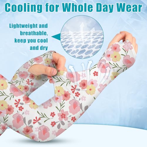 Bebila Gardening Sleeves for Women Farm UV Sun Protection Anti-Scratch Cooling Sleeves with Thumb Hole Arms Cover Outdoors - color: Pink Flowers