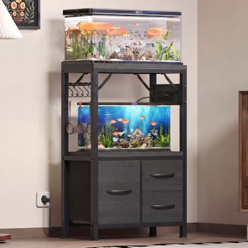 Heybly 5-10 Gallon Fish Tank Stand, Aquarium Stand with Drawer, Power Outlet, Heavy Duty Metal Frame, for Fish Tank, Turtle & Reptile Terrarium, 20.5" × 10.2" Top, 200lbs, Black HAS002SBK-1 - color: Black, size: 5-10 gal