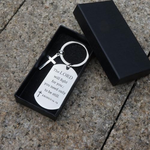 GiftYou Inspirational Scripture Metal Key Chains with Cross Pendant - Bible Verse Keychain Religious Gift for Christian - color: Exodus 14:14