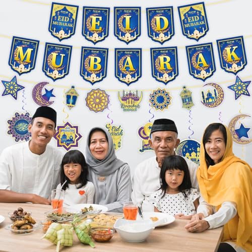 Ramadan Decorations for Home,Blue and Gold Ramadan Eid Mubarak Banner, Hanging Swirls Streamer Bunting for Muslim Islamic Kareem Festival Al-Fitr Iftar Party Favors Supplies
