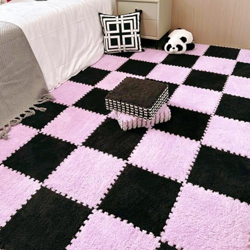 12pcs Carpet Squares Puzzle Floor Mat, Plush Interlocking Carpet Tiles, Anti Slip EVA Foam Jigsaw Floor Tiles, Build A Safe Area for Bedroom Playroom (Pink+Black) - color: Pink+black