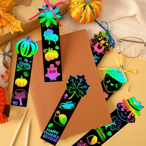 JUNEBRUSHS 30Pcs Fall Scratch Bookmarks, Rainbow Magic Scratch Paper Art Hello Fall Autumn Leaves Pumpkin Turkey DIY Crafts Kit for School Classroom Activity Thanksgiving Party Favor - style: Fall Style