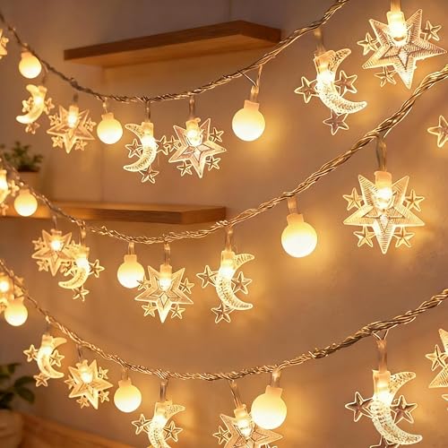Led Fairy Lights, LED String Lights Adorned with Ramadan Stars, Moons for Bedroom, Christmas, Parties, Wedding, Centerpiece, Decoration (3m/9.8ft Warm White)