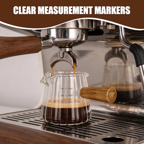 Adorever Espresso Cups 6 OZ, Double Spout Espresso Shot Glass with Wooden Handle, Clear Glass Measuring Cup for Espresso Shots & Milk, Espresso Accessories for Coffee Machine