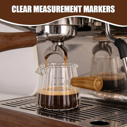 Adorever Espresso Cups 6 OZ, Double Spout Espresso Shot Glass with Wooden Handle, Clear Glass Measuring Cup for Espresso Shots & Milk, Espresso Accessories for Coffee Machine