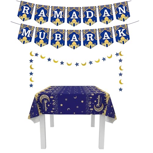 Ramadan Mubarak Banner, Blue and Gold Ramadan Decorations Set for Home, Includes Banner, Star Moon Garland and Tablecloth, Perfect for Eid Celebrations and Islamic Parties