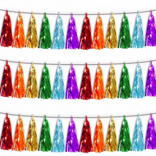 3P Lake Blue Orange-Red-Gold-Silver-Purple Tassel Banner Garland Metallic Foil Fringe Banner Tinsel Tassels Streamer Banner Backdrop for Parade Floats,Graduation Wedding Party Decorations - color: Lake Blue Orange-Red-Gold-Silver-Purple