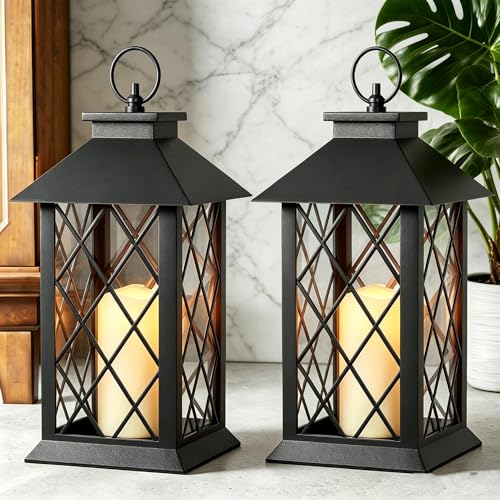 JOIONE Black Decorative Candle Lanterns, 2 Packs 14" Waterproof Porch Decor - color: Diamond 2