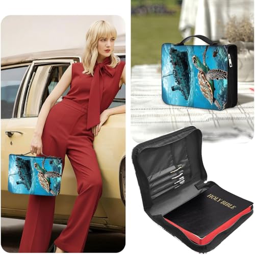 PU Leather Bible Cover with Handle & Pockets, Large Capacity Bible Case, Water-Resistant Scripture Organizer Bag with Bonus Card Holder, Christian Gift for Women & Men, Majestic Sea Turtle - color: Majestic Sea Turtle