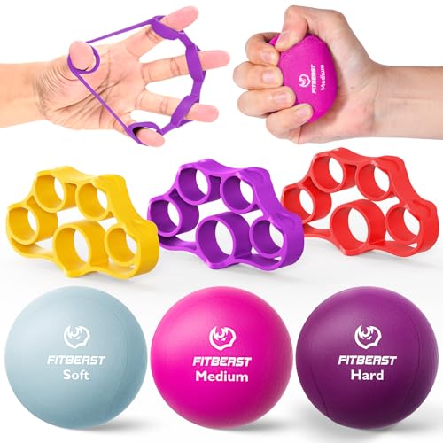FitBeast Grip Strength Trainer – 6 Pieces Hand Therapy Kit with Finger Extension Exerciser & Stress Balls for Adults, Rehab & Strength Training – for Men, Women, and Seniors - color: 6-Piece Bright Tones