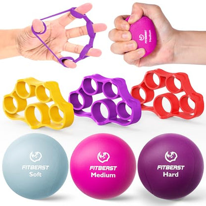 FitBeast Grip Strength Trainer – 6 Pieces Hand Therapy Kit with Finger Extension Exerciser & Stress Balls for Adults, Rehab & Strength Training – for Men, Women, and Seniors - color: 6-Piece Bright Tones