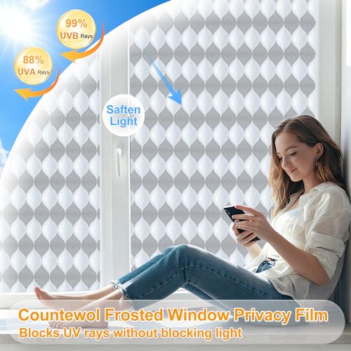 Countewol Frosted Window Privacy Film, Static Cling Non-Adhesive, Removable & Reusable, Anti-UV Heat Blocking for Bathroom Bedroom Office (Wave Frosted, 35.4 x 78.7 in) - color: Wave Frosted, size: 35.4 x 78.7 in