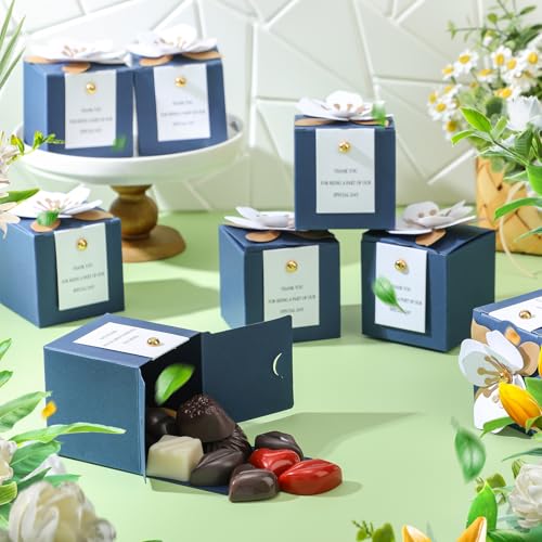 Affrolling 50 Pcs Wedding Favor Boxes with Thanks Card Square Flower Candy Boxes Paper Bridal Gift Box for Guests Wedding Bridal Shower Birthday Party Anniversary (Blue) - color: Blue