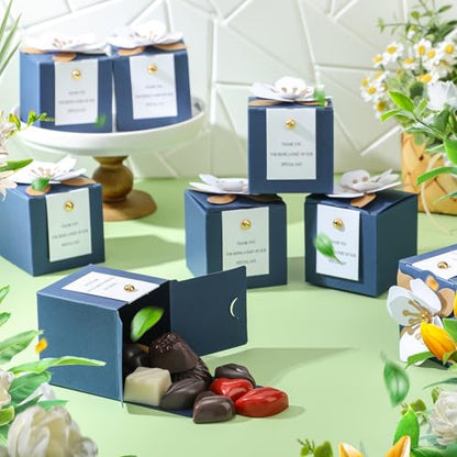 Affrolling 50 Pcs Wedding Favor Boxes with Thanks Card Square Flower Candy Boxes Paper Bridal Gift Box for Guests Wedding Bridal Shower Birthday Party Anniversary (Blue) - color: Blue