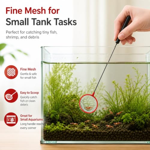 Aquarium Fish Net, 7.6 cm Fine Mesh, Small Tank Skimmer, with 23 cm Long Handle Aquarium Net Fine Mesh Small