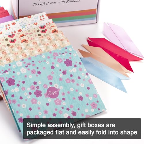 Floral Gift Boxes with Lids & Ribbons (20 Pack) 8" x 6.3" x 3.5" Decorative Printed Treat Boxes for Gift Giving, Soaps, Chocolate, Small Presents, Christmas, Birthdays, Bridesmaid, Diwali, Bulk, Empty