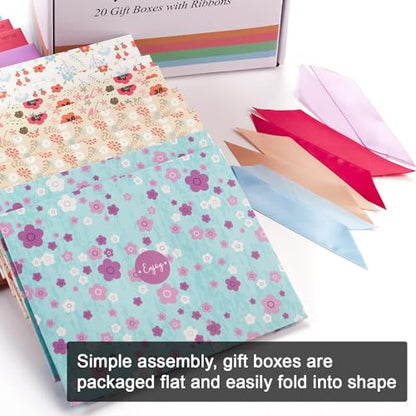 Floral Gift Boxes with Lids & Ribbons (20 Pack) 8" x 6.3" x 3.5" Decorative Printed Treat Boxes for Gift Giving, Soaps, Chocolate, Small Presents, Christmas, Birthdays, Bridesmaid, Diwali, Bulk, Empty