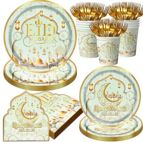 100PCS Ramadan Eid Mubarak Tableware Eid Al Adha Decorations Disposable Eid Mubarak Plates and Napkins Forks Cups Ramadan Decorations for Eid Al-fitr Party Favors Eid Decorations (Light-Green)