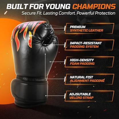 Flexzion Boxing Gloves for Kids 4oz – Training Punching Bag Mitts, Kid Boxing Gloves with Faux Leather & Wrap-Around Wrist Protection for Boys & Girls Ages 3-8 Years - color: Black Blaze