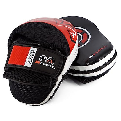RIVAL Boxing RPM7 Fitness Plus Punch Mitts - Curved Striking Surface, Hook and Loop Wrist, Ergonomic Fit, and Padded Finger Protector - color: Red/Black