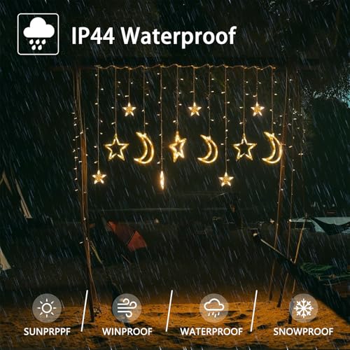 138 LED Star Moon String Lights, Warm White Fairy String Lights with 12 Hooks, Twinkle Battery Operated Lights with Remote, 8 Modes for Bedroom, Ramadan Decoration