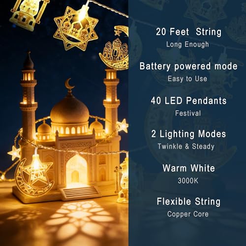 Ramadan String Lights 20FT 40 LED, 5 Mixed Styles (Moon/Star/Mosque/Lantern) Warm White Battery Operated, 2 Modes (Steady/Flash) for Eid Al-Fitr Yoga Meditation Ambience