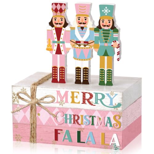 Geelin 4 Pcs Christmas Tiered Tray Decor Wooden Book Stack Signs, Pink Nutcracker Christmas Table Decor, Pastel Farmhouse Rustic Centerpieces for Shelf Coffee Bar Office Desk - style: Christmas Nutcracker Trio