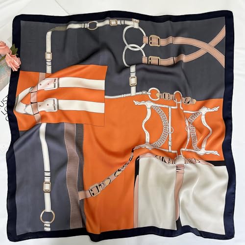 FONYVE Silk Feeling Scarf Medium Square Satin Head Scarf for Women 27.5 × 27.5 inches - color: 04 Orange & Purple Chain