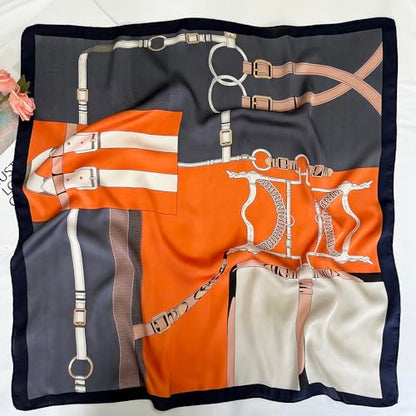 FONYVE Silk Feeling Scarf Medium Square Satin Head Scarf for Women 27.5 × 27.5 inches - color: 04 Orange & Purple Chain