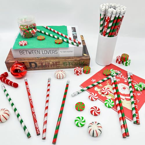 Cinrobiye 100 Pieces Christmas Pencils and Candy Cane Eraser Bulk,Xmas Stationery Pencil Christmas Eraser for Holiday School Party Favors Stocking Stuffers Classrooms Student Rewards Teacher Supplies - style: Mixed