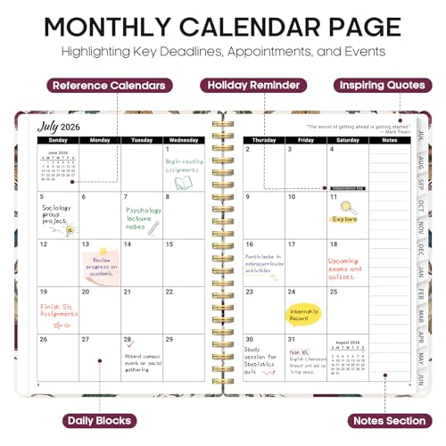 Planner 2026–2027, Academic Monthly Weekly Spiral Calendar, July 2026 – June 2027, Hardcover Agenda Notebook with Tabs, 6.3" x 8.5", Perfect for Students, Teachers, School & Daily Planning - Vineyard Birds - color: K-Vineyard Birds, size: (6.3"x8.5")a5