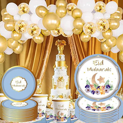 Eid Mubarak Tableware Set for Ramadan Mubarak Table Decorations Supplies Muslim Happiness Ramadan Dessert Plates Eid Al-fitr Party Napkins Forks for 16 Guests Ramadan Party Favors (Blue)