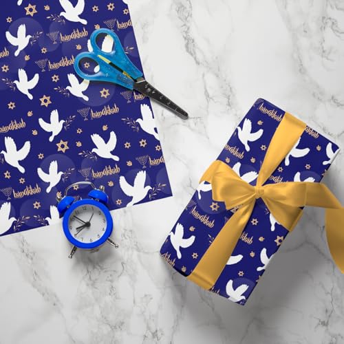 Cuitpan Hanukkah Wrapping Paper - Festival Gift Wrap with Doves, Menorahs, Star of David & Hanukkah Design - Perfect for Jewish Holiday Presents - 40×28 Inches, 4 Folded Sheets - color: Blue-Hanukkah