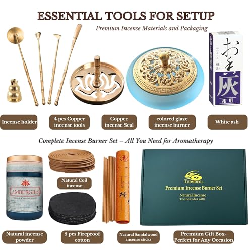 Powder Incense Burner Kit with Brass Censer, Incense Ash Tools and Mold Press Set, Complete Gift Box for Meditation, Yoga and Home Relaxation - color: Sapphire Blue