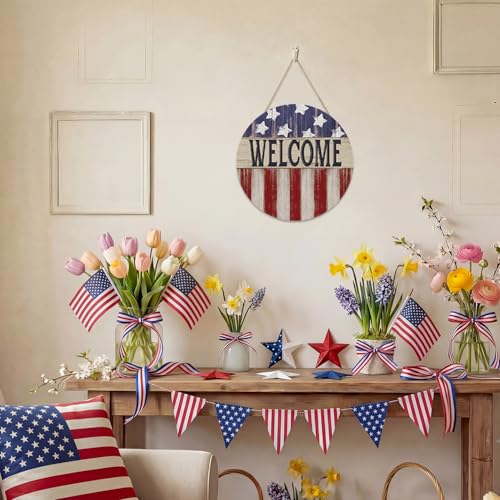 Smile Patriotic American Flag Welcome Wooden Round Door Hanger, 4th of July Front Door Sign for Independence Day & Memorial Day Decor - style: Flag Welcome