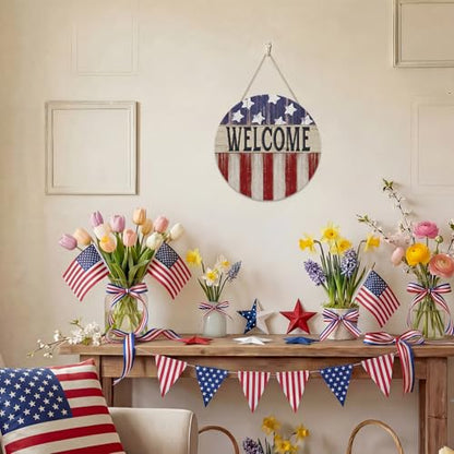 Smile Patriotic American Flag Welcome Wooden Round Door Hanger, 4th of July Front Door Sign for Independence Day & Memorial Day Decor - style: Flag Welcome