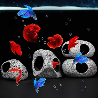 6 Pieces Aquarium Decoration Rock Caves Stackable Ceramic Fish Tank Hideout Cave Stone Ornaments Hideaway for Betta Shrimp Cichlid Hiding Breeding Spawning Decor