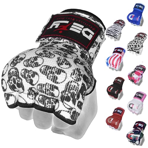DEFY Padded Inner Gloves Quick 75cm Long Strap – Inner Boxing Gloves Gel Padded Knuckle Protection – Elasticated Boxing Hand Wraps for MMA Muay Thai Kickboxing Martial Arts Pair - color: Skulls, size: X-Large