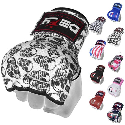 DEFY Padded Inner Gloves Quick 75cm Long Strap – Inner Boxing Gloves Gel Padded Knuckle Protection – Elasticated Boxing Hand Wraps for MMA Muay Thai Kickboxing Martial Arts Pair - color: Skulls, size: X-Large