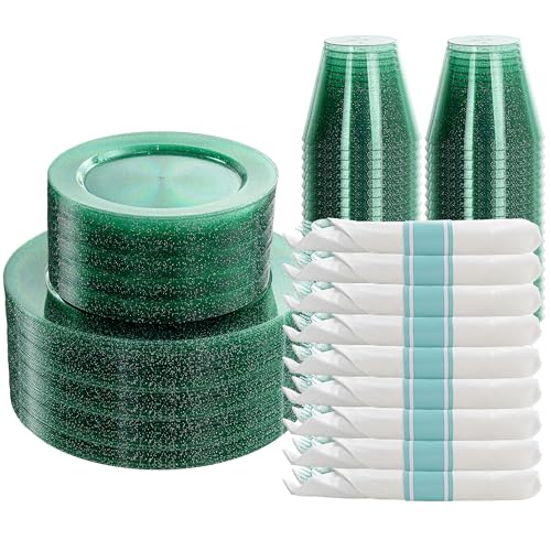 DaYammi 210PCS Green Glitter Plastic Dinnerware Set for 30 Guests - color: Green Glitter, size: 210PCS（30 Guests）