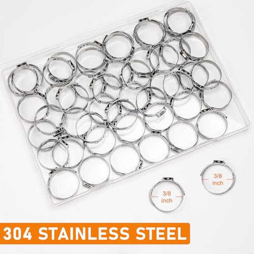50 Pack Sieqioor 3/8 Inch 10.8-13.3mm Single Ear Hose Clamp, 304 SS | 304 Stainless Steel Ear Clamp, Stepless Hose Clamps Cinch Rings for Automotive, Home Appliance Line and Plumbing - size: 3/8 Inch 50Pack