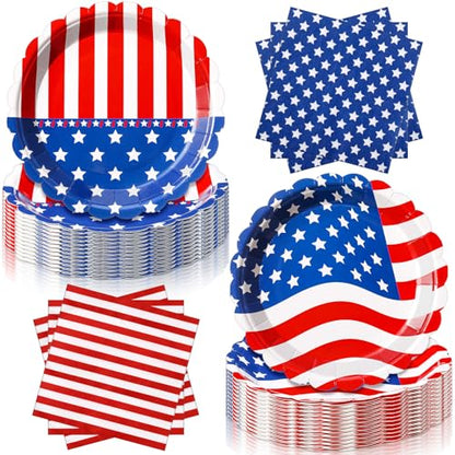 Funnymoom 96 Pcs 4th of July Tableware Set for 48 Guests Include 48 Pcs 7 Inch Dessert Plates and 48 Napkins Patriotic American Star Flag Dinnerware for 250th Anniversary Independence Day Party - style: Americana