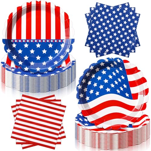 Funnymoom 96 Pcs 4th of July Tableware Set for 48 Guests Include 48 Pcs 7 Inch Dessert Plates and 48 Napkins Patriotic American Star Flag Dinnerware for 250th Anniversary Independence Day Party - style: Americana