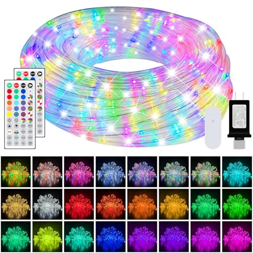 100ft LED Rope Lights for Outside, 25 Colors IP68 Waterproof, Dimmable Warm White RGB Outdoor String Lights with 4 Brightness, Red White Blue for Patriotic Decorations, Fairy Lights for Indoor Bedroom - size: 100ft Rope Lights + 12ft Extension Cord