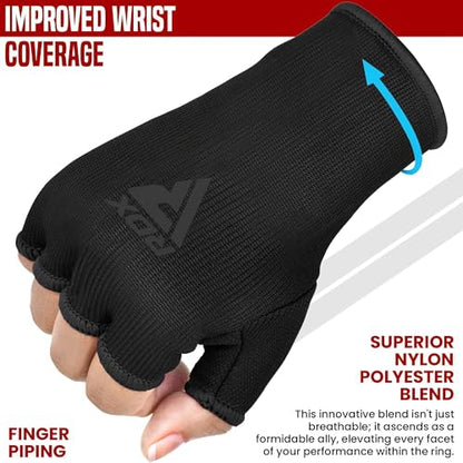 RDX Boxing Hand Wraps Inner Gloves Men Women, Half Finger Elasticated Bandages, Under Mitts Fist Protection, Muay Thai, Kickboxing, MMA, Martial Arts Speed Bag Punching Training - color: Full Black, size: X-Large