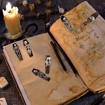 30 Pcs Gothic Skull Magnetic Bookmarks, Coffin-Shaped Horror Book Mark Clips, Spooky Skeleton Magnet Page Markers for Dark Romance Readers Halloween Reading Gifts - style: Coffin Skeleton