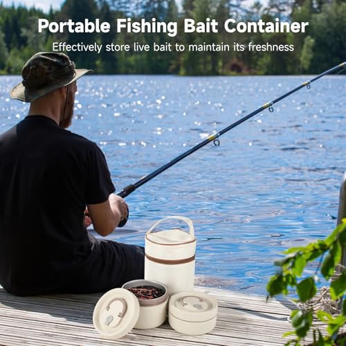 2 Pcs Fishing Bait Containers, Insulated Stainless Steel Worm Storage Box Set with Carrying Bag & Tweezers, Small (14.8 oz) & Large (22.3 oz) for Outdoor Fishing